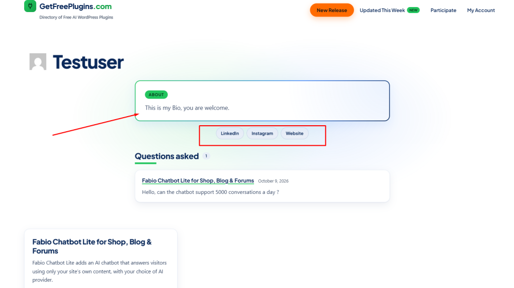 Typical user profile page
